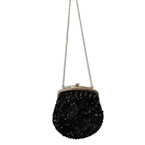 Vintage Elegant Black Beaded with Gold Vintage Tone Strap Hand Made in Hong Kong - Picture 1 of 10